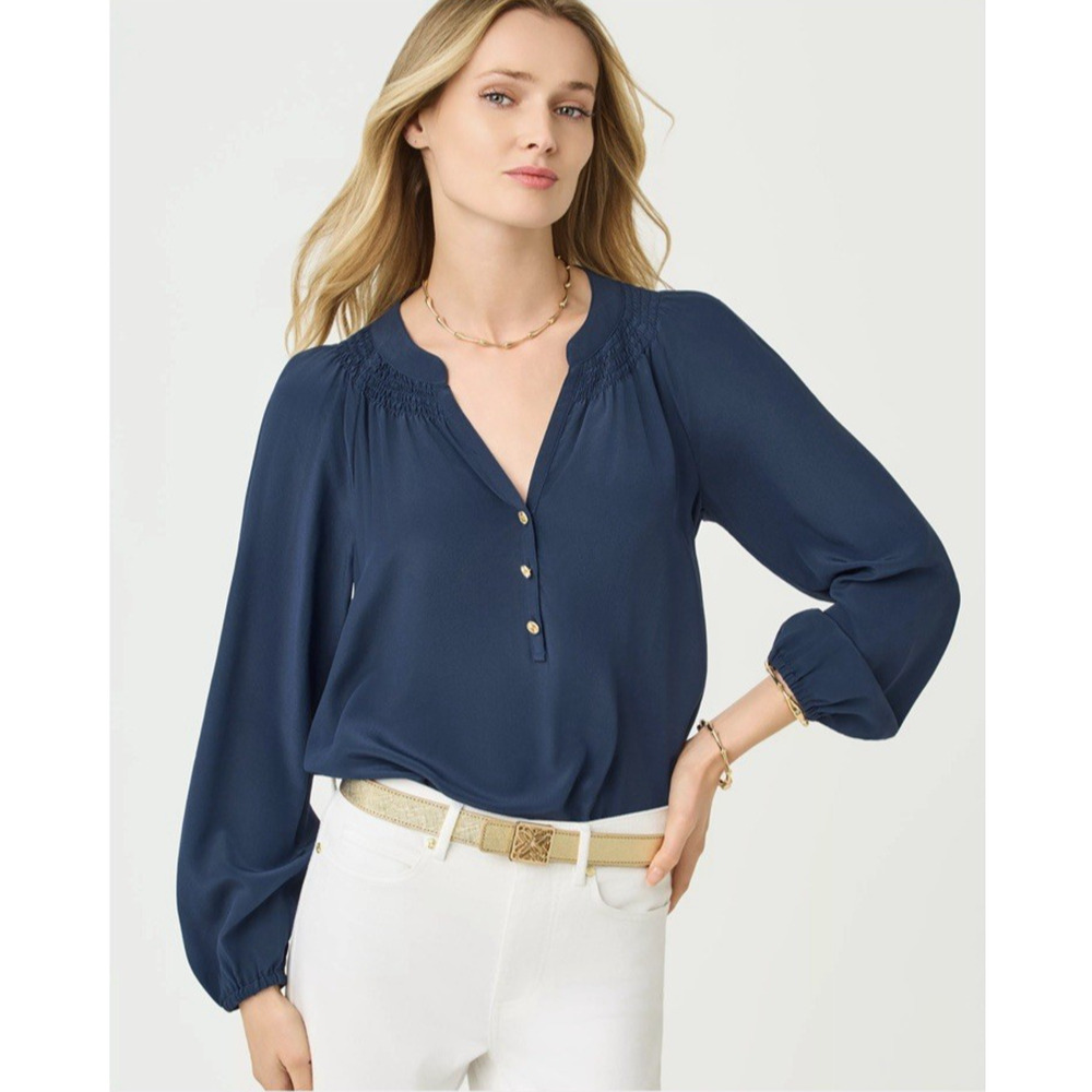 LILLY PULITZER Elsa XXS 100% Silk Luxury Designer Blouse Blue QUIET‎ LUXURY